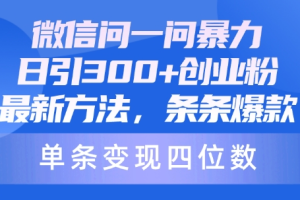 微信问一问暴力日引300创业粉 最新方法 条条爆款 单条变现四位数