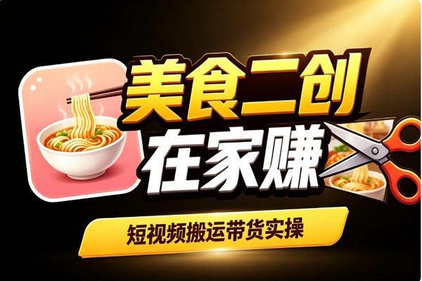 美食搬运二创轻资产副业_小白零设备在家起号带货变现实操